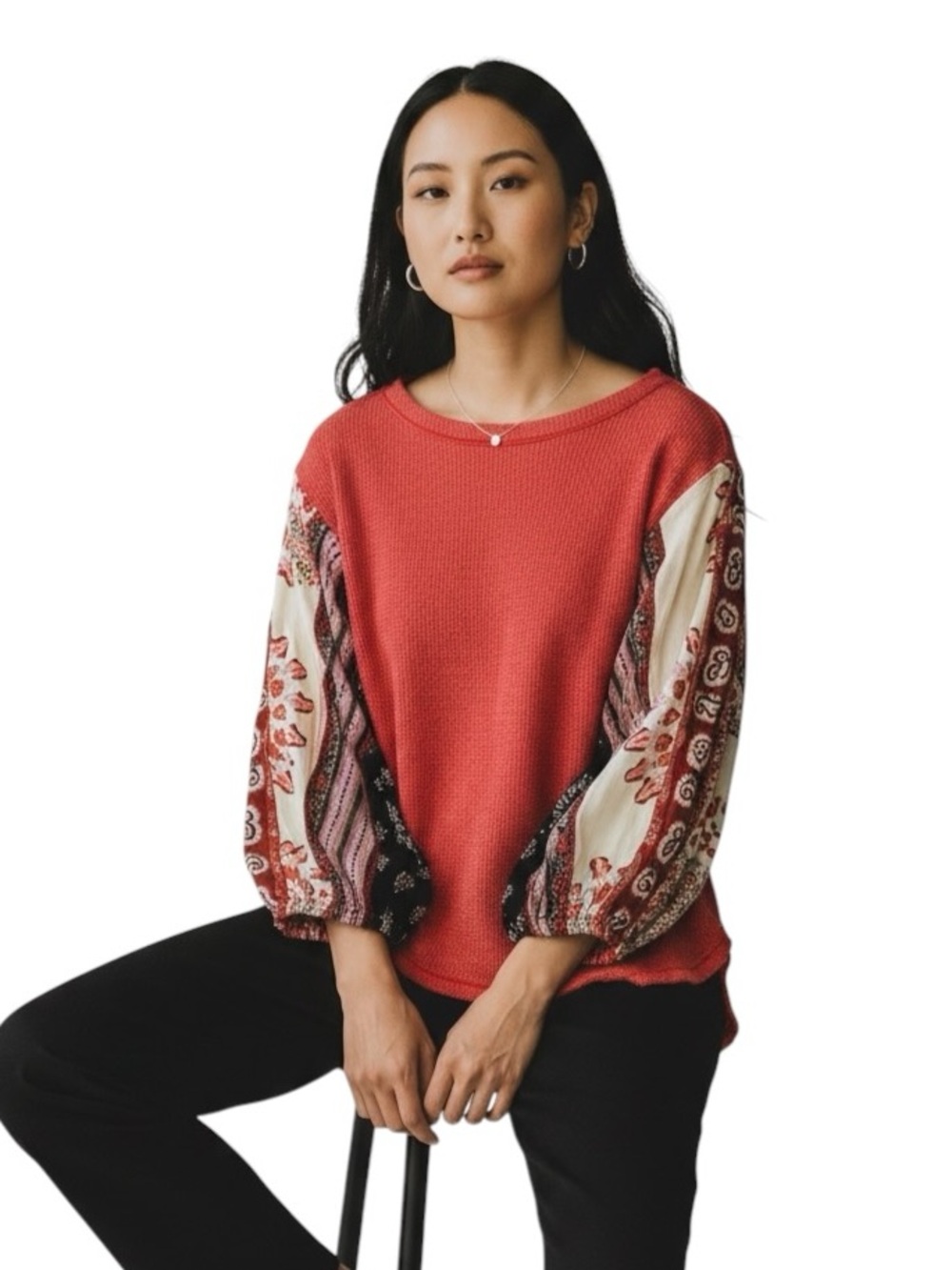 Cute! We The Free Mixed Media Thermal Blossom Sleeve Shirt. Size S Oversized